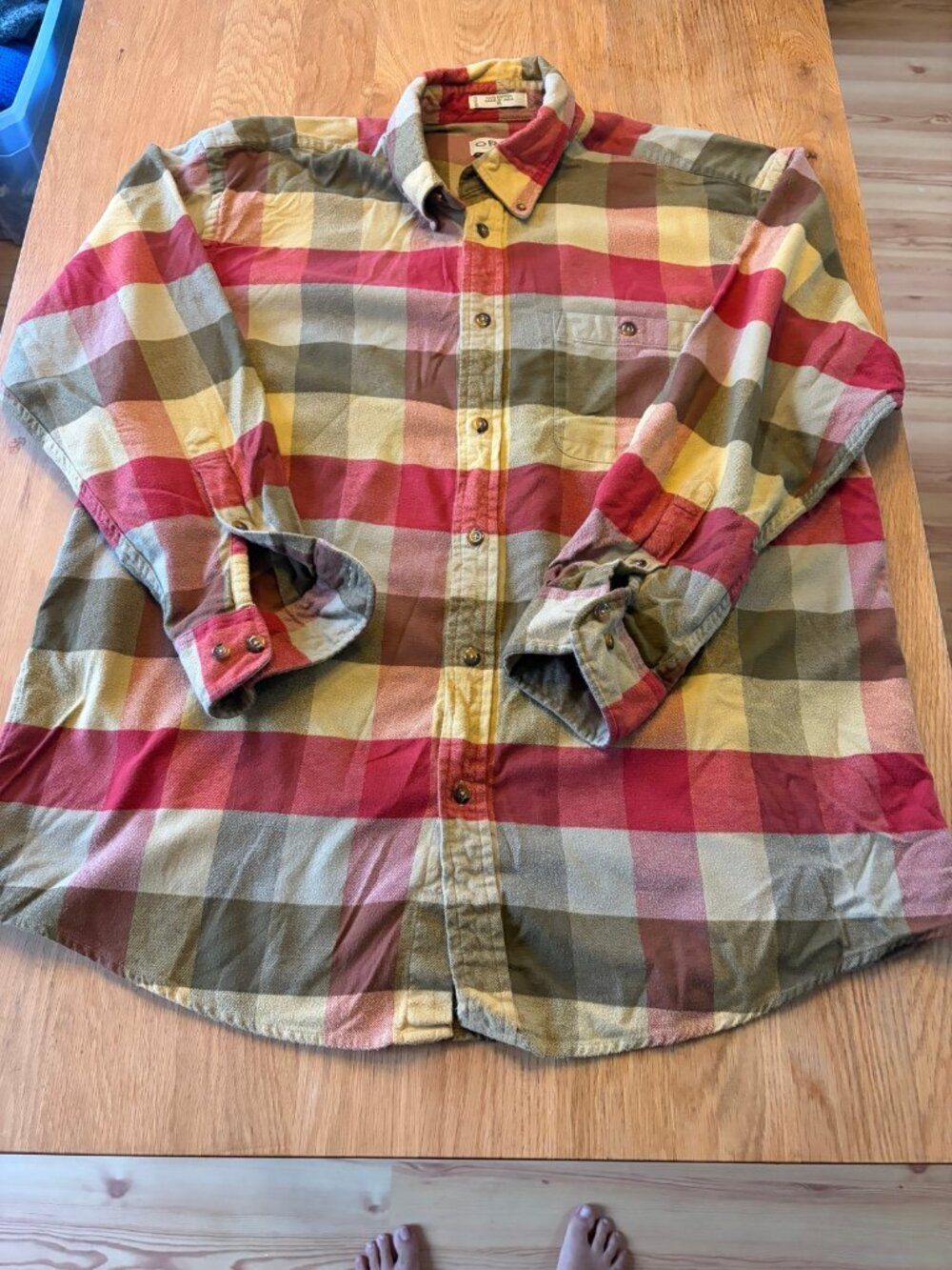 Orvis Men's XL Red Yellow Green Plaid Flannel Button Down Shirt 100% Cotton